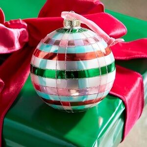 Set of 9 RAZ 5" pink and green plaid ornaments.